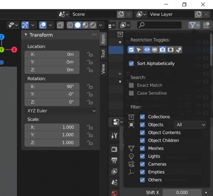 Unhide objects using the Outliner