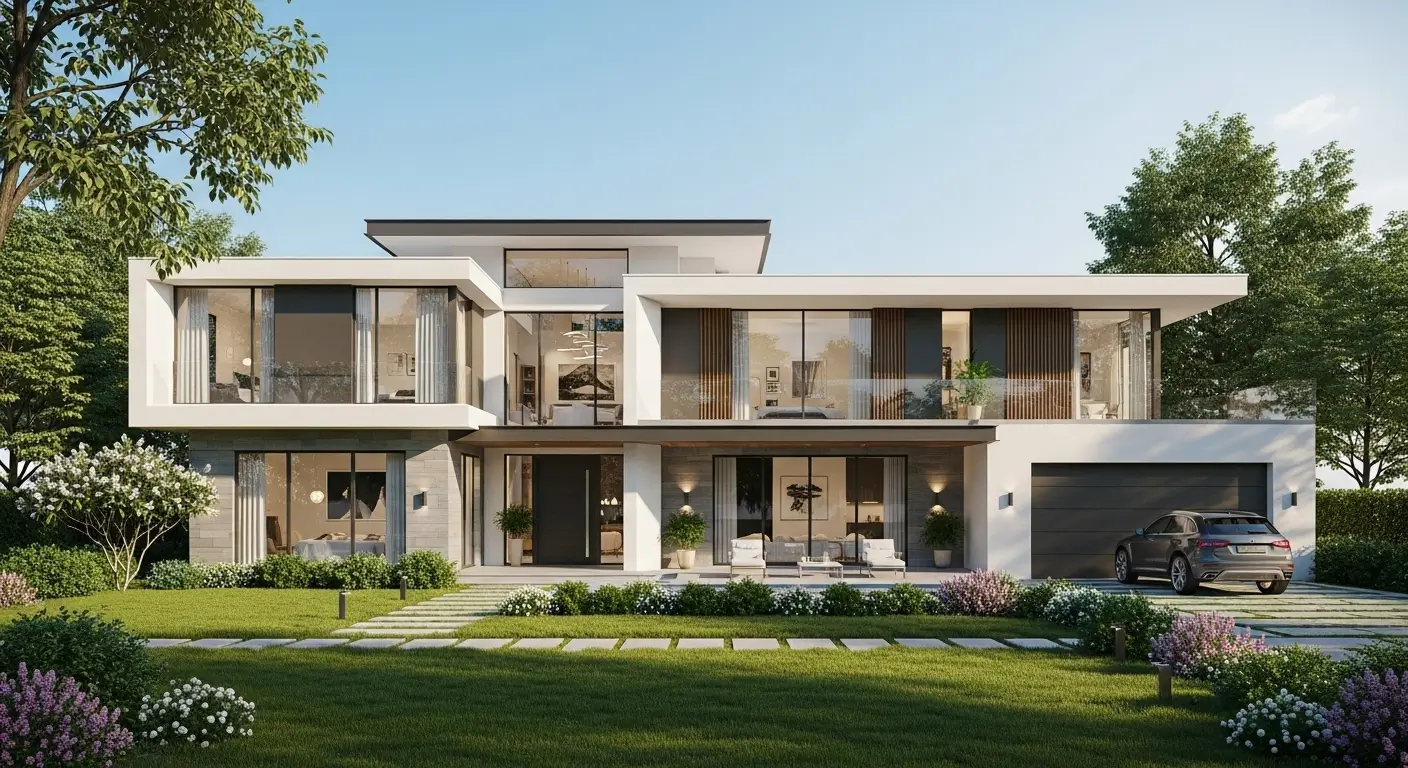 3d modeling for real estate: Modern luxury house exterior 3D rendering with landscaping and lighting