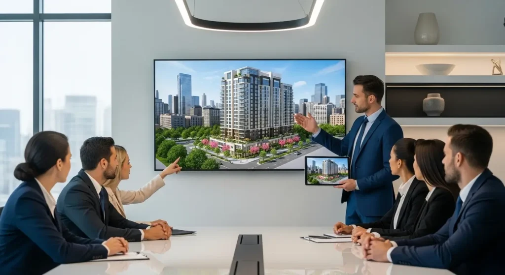 Business meeting showing 3D modeled real estate project presentation