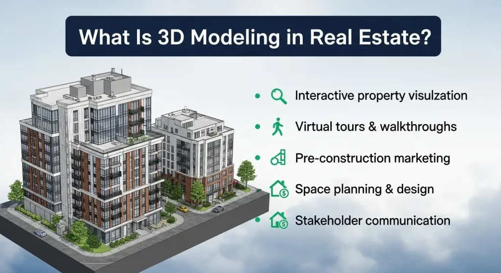 3d modeling for real estate: Infographic explaining 3D modeling in real estate and its key benefits