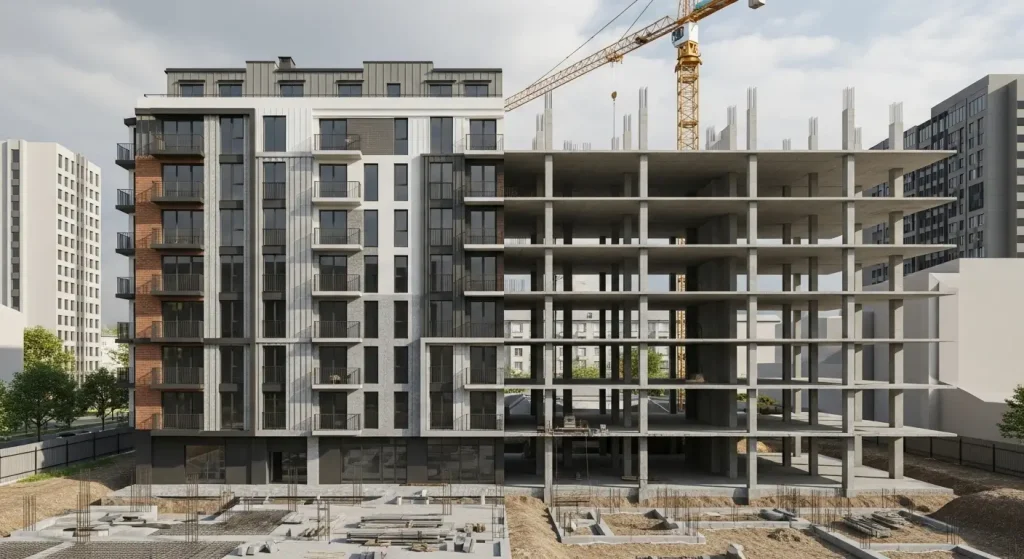 Comparison of real estate construction phase and finished building using 3D visualization