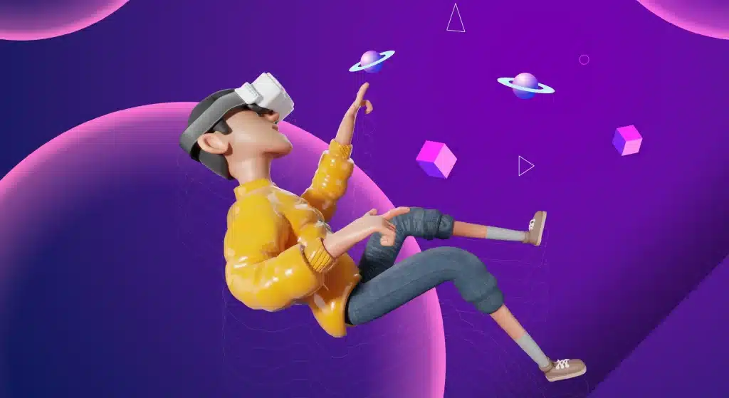 3D character using virtual reality headset interacting with floating objects in AR and VR environment