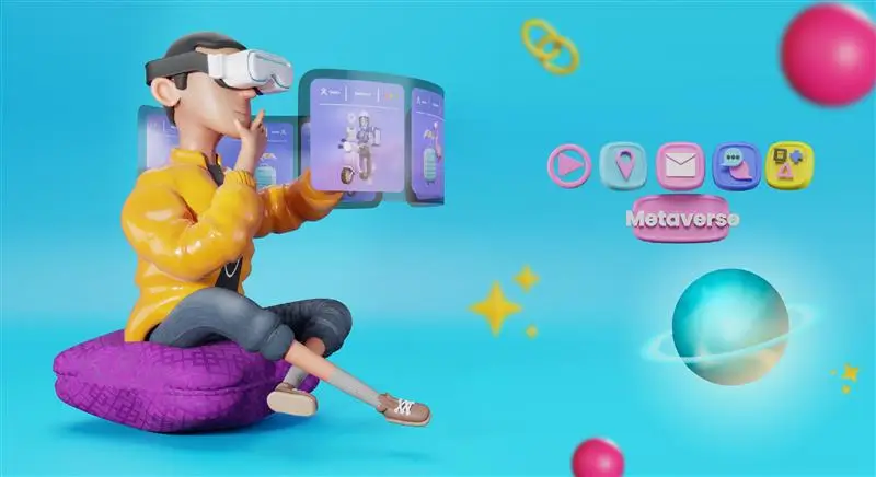 3D character using VR headset interacting with virtual interface and metaverse elements in a digital environment