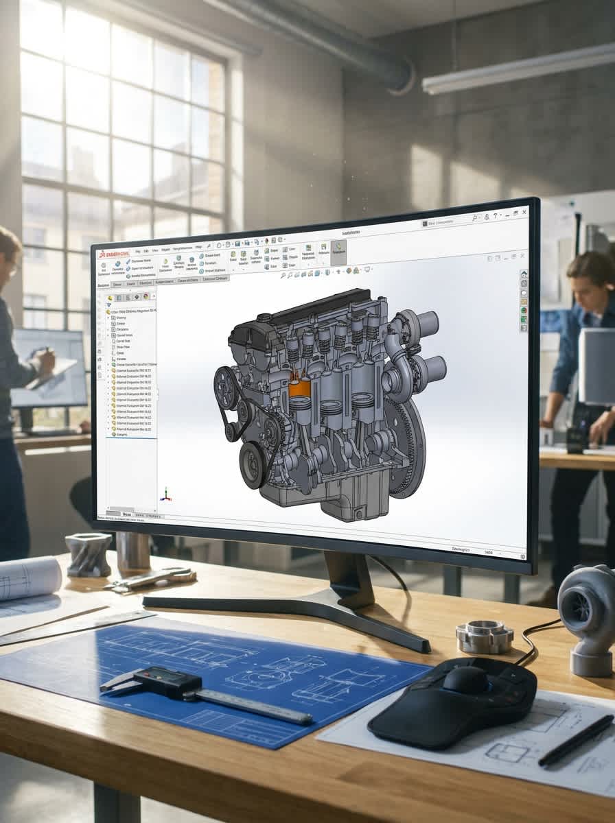 SolidWorks 3D model of a machined part with feature tree